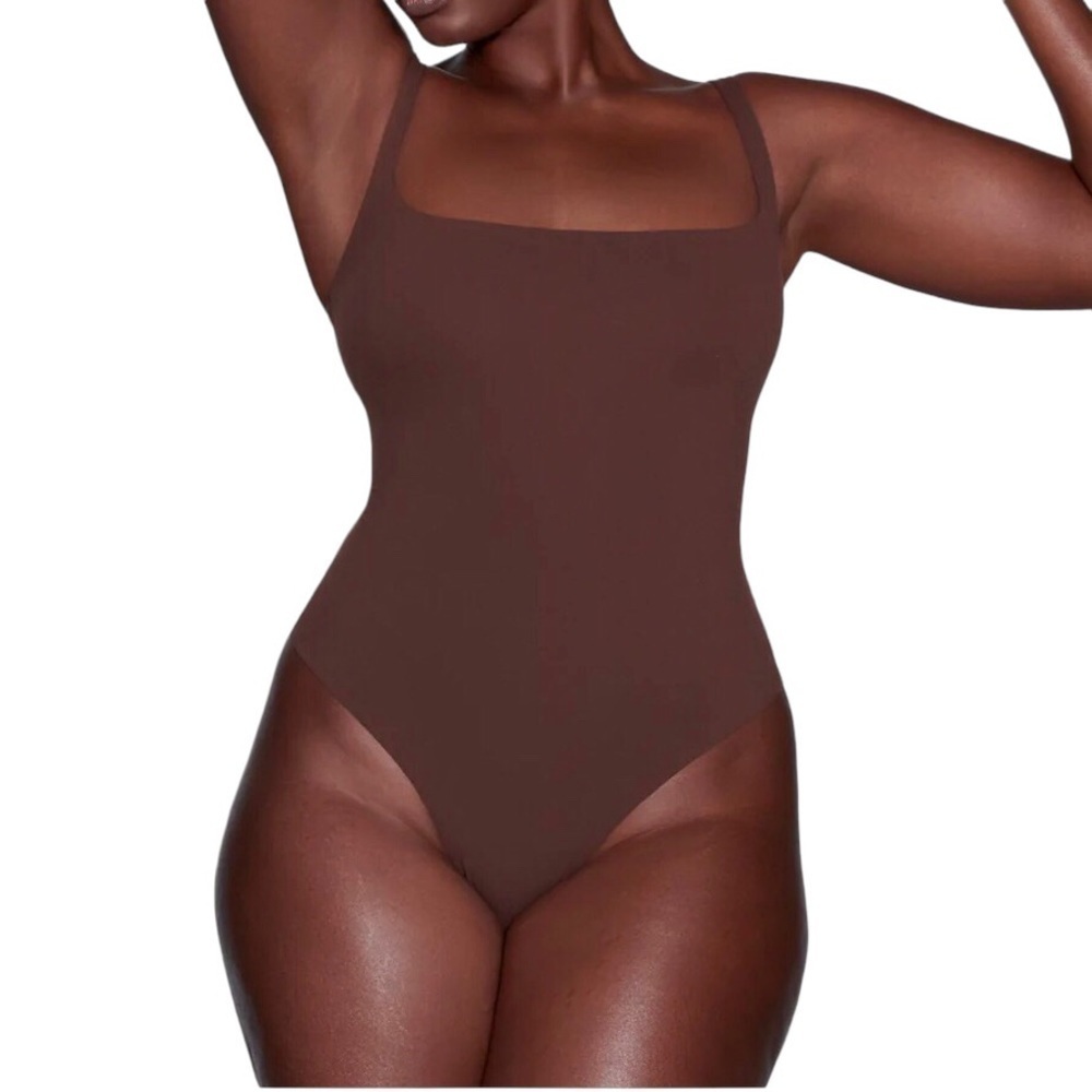 Skims Fits Everbody Square Neck Bodysuit Thong Size 2X Cocoa Brown Snap Gusset